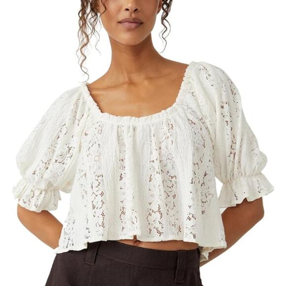 Free People Tops - Free People Stacey White Lace Sheer Overshirt Boho Coquette Women's size Medium